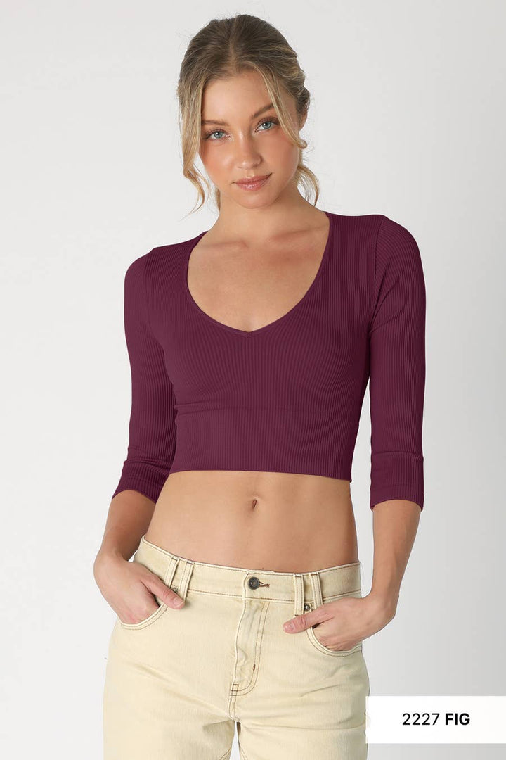 Ribbed 3/4 Sleeve V Neck Crop Top