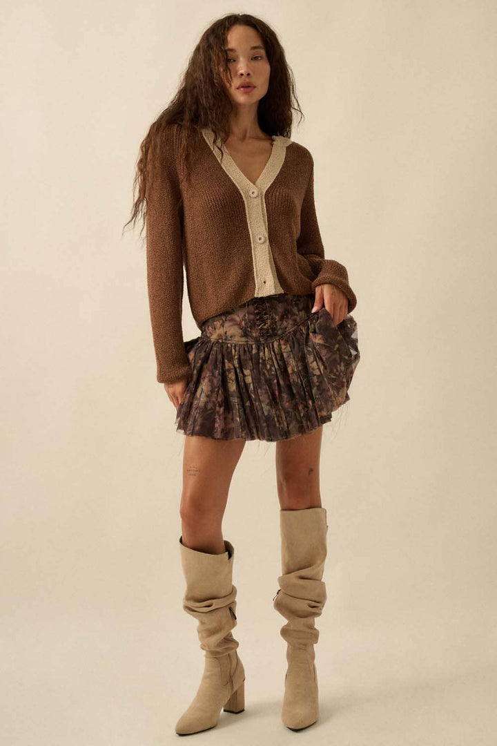 Lace-Up Pleated Floral Mini Skort