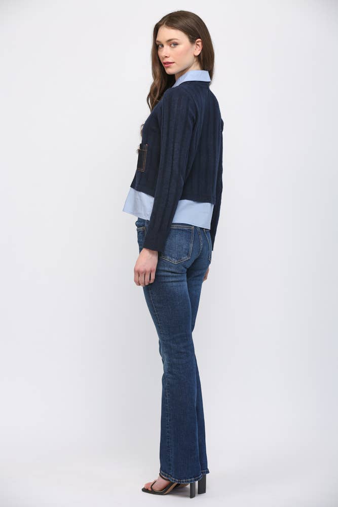DENIM POCKET DETAIL TWOFER SWEATER
