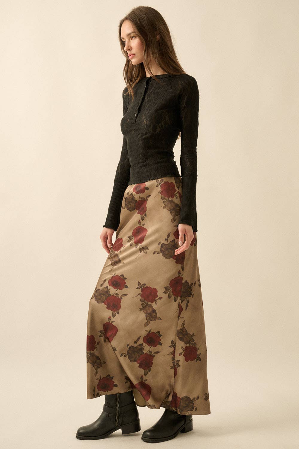 Floral-Print Satin  Maxi Skirt