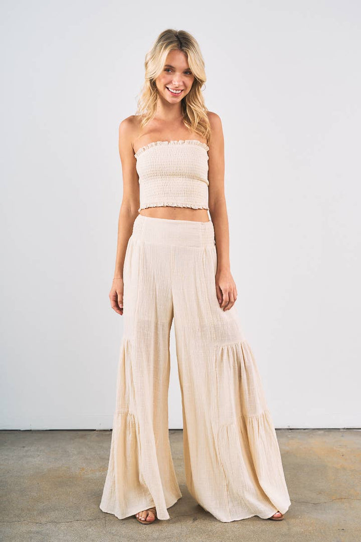 Smocked Tube Crop Top with Wide Leg Pants Set