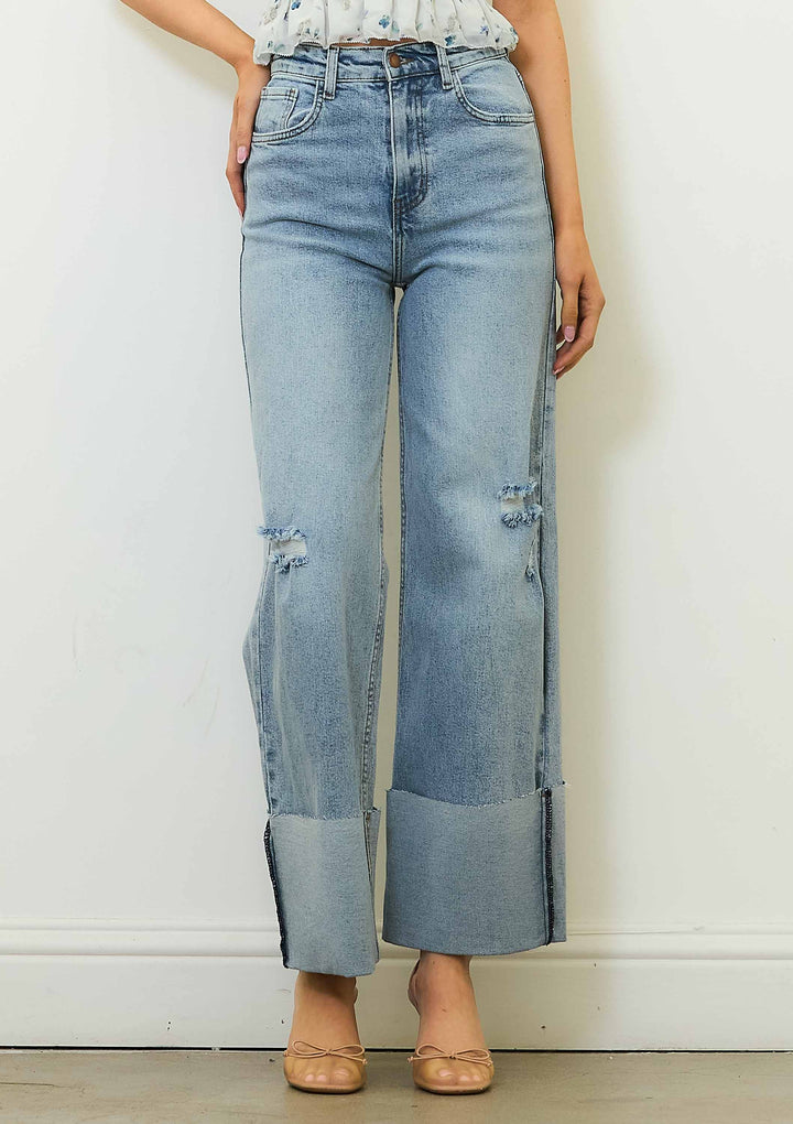 Wide Leg Cuffed Jeans