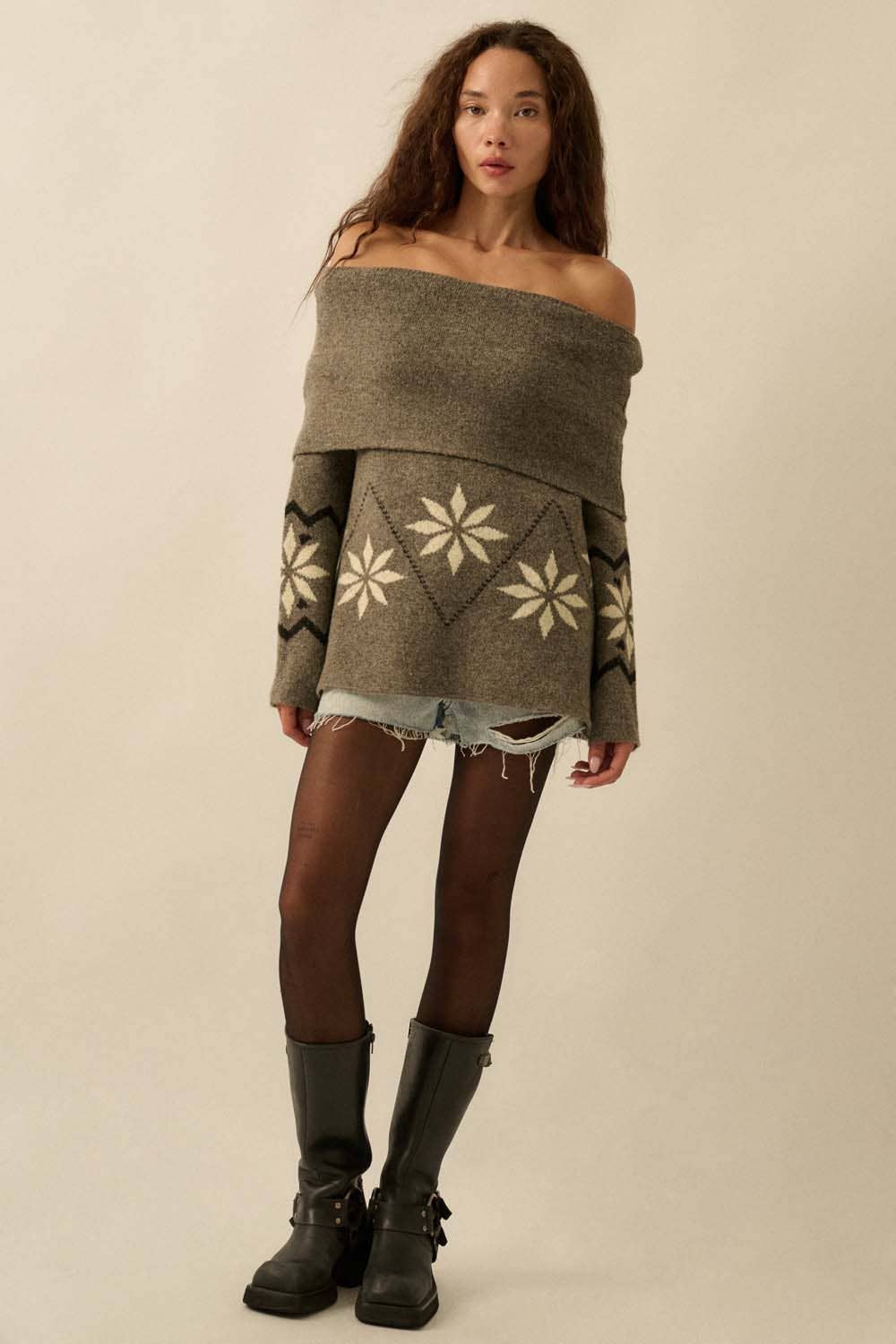 Knit Off-Shoulder Foldover Sweater