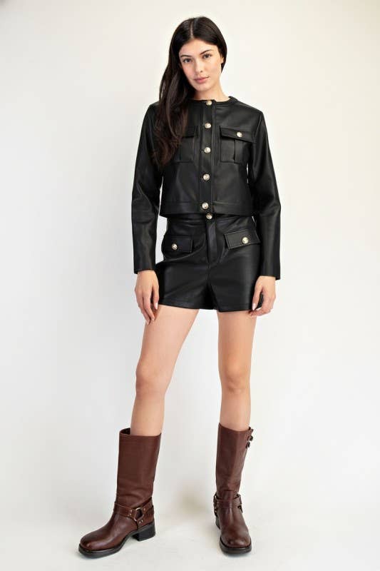 Faux Leather Gold Button Short Pants
