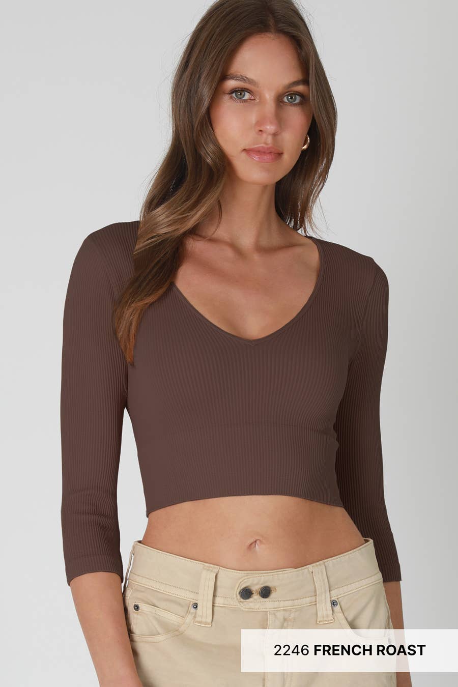 Ribbed 3/4 Sleeve V Neck Crop Top