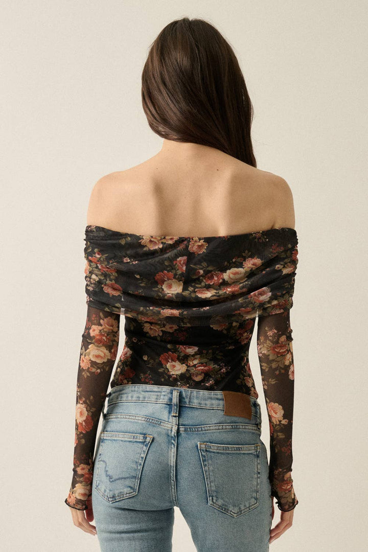 Floral Mesh Off-Shoulder Foldover Long-Sleeve Bodysuit