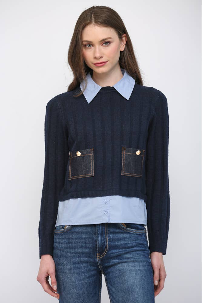 DENIM POCKET DETAIL TWOFER SWEATER
