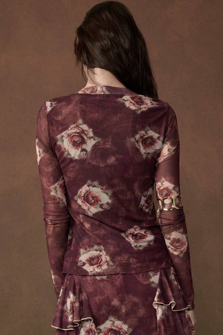 Floral-Print Long-Sleeve Snap-Front Mesh Top