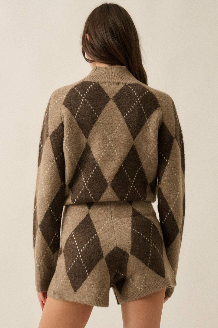 Argyle Jacquard Drawstring Sweater Romper