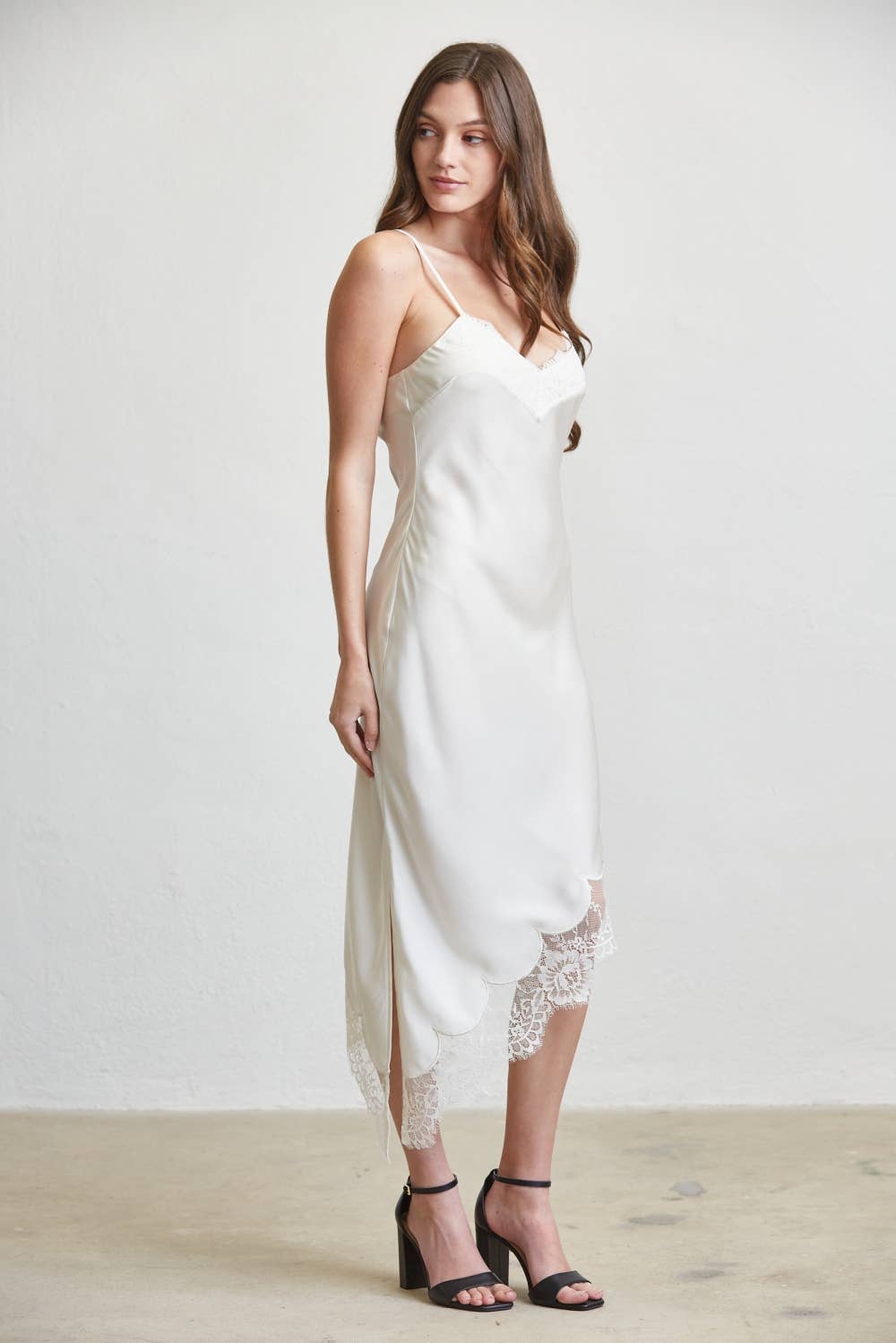 Scalloped Lace Edge Asymmetric Hem Satin Dress