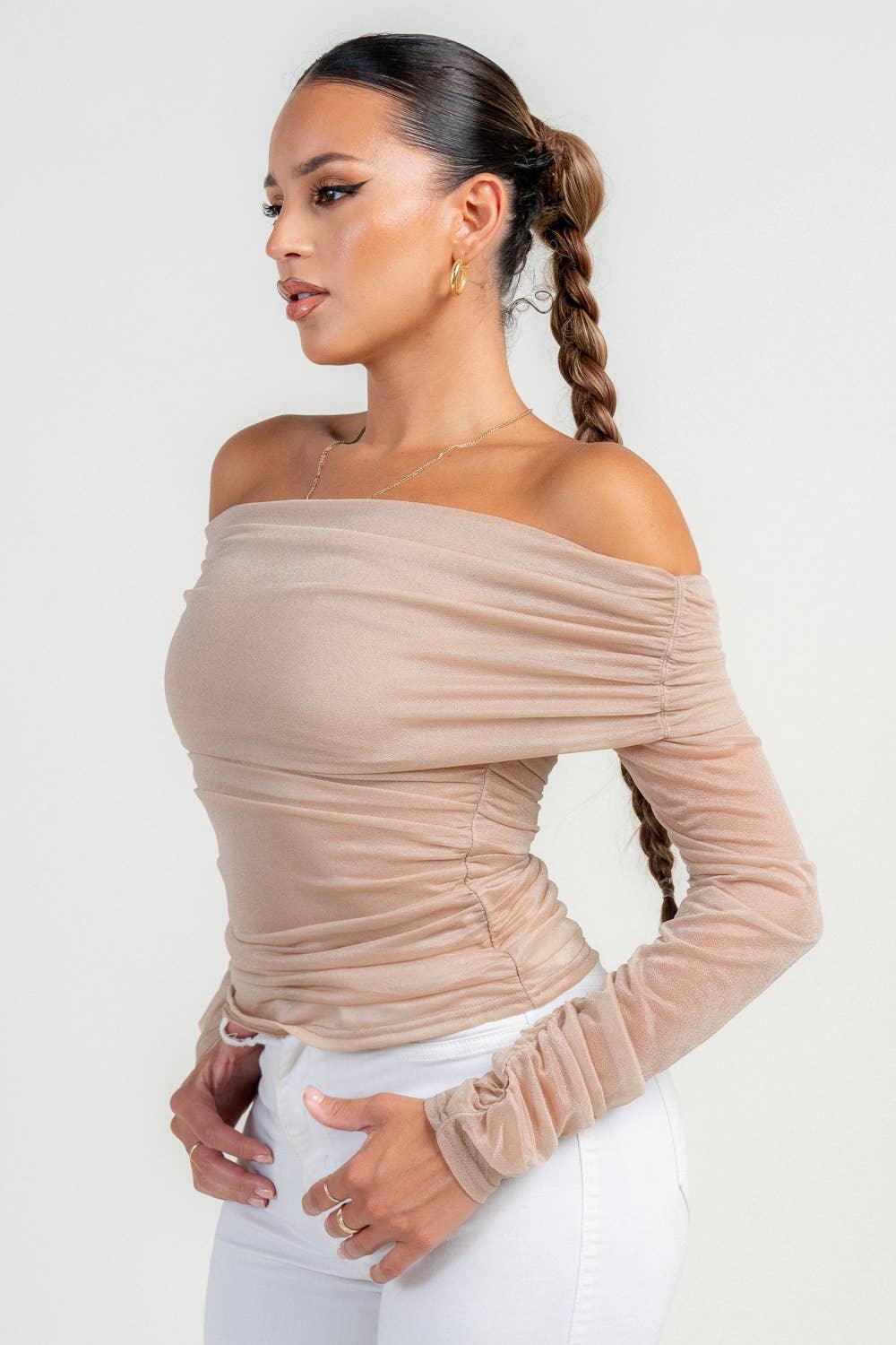 LONG SLEEVE OFF SHOULDER RUCHED TOP