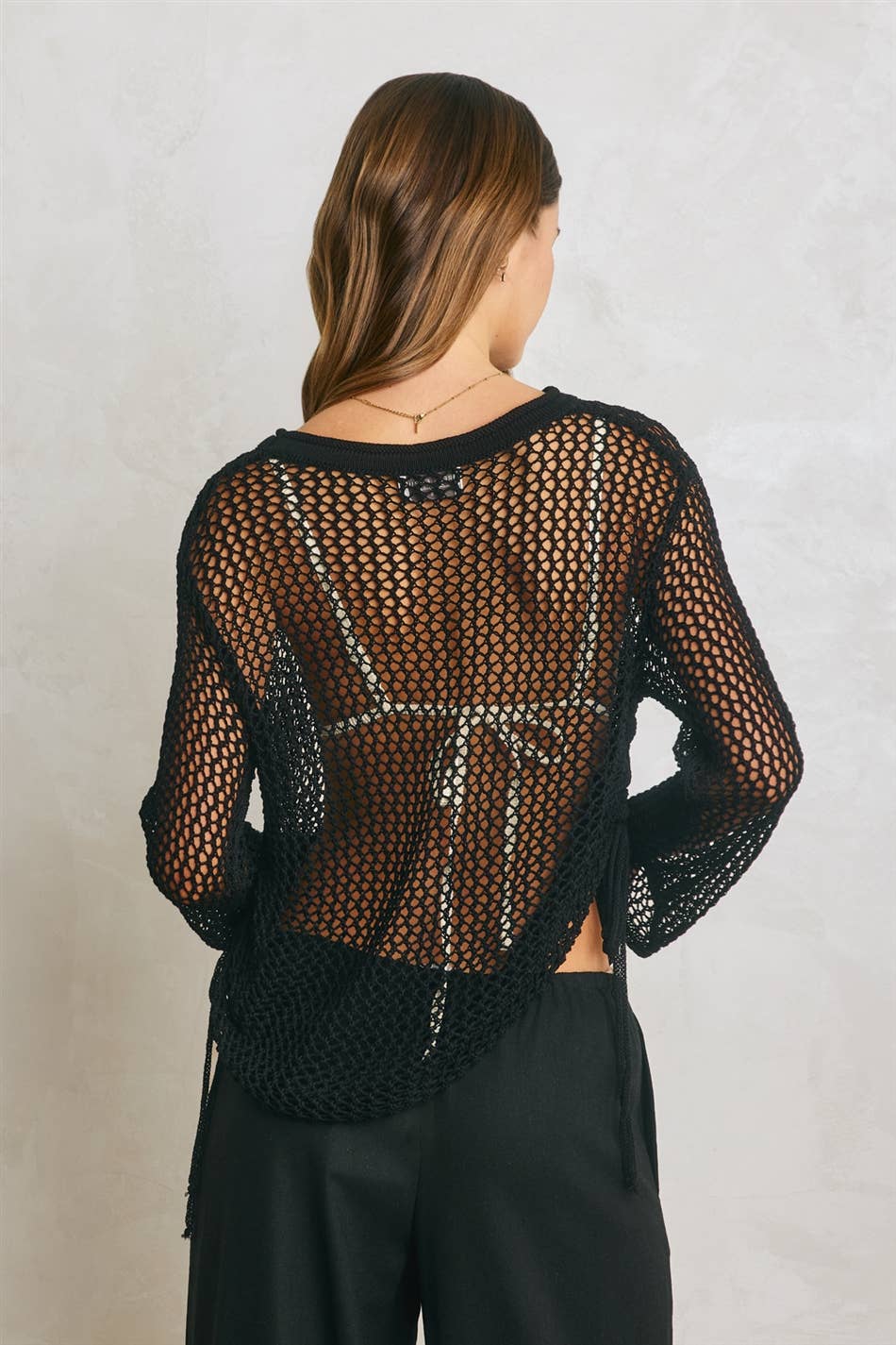 Ruched Side Long Sleeve Open Knitted Top