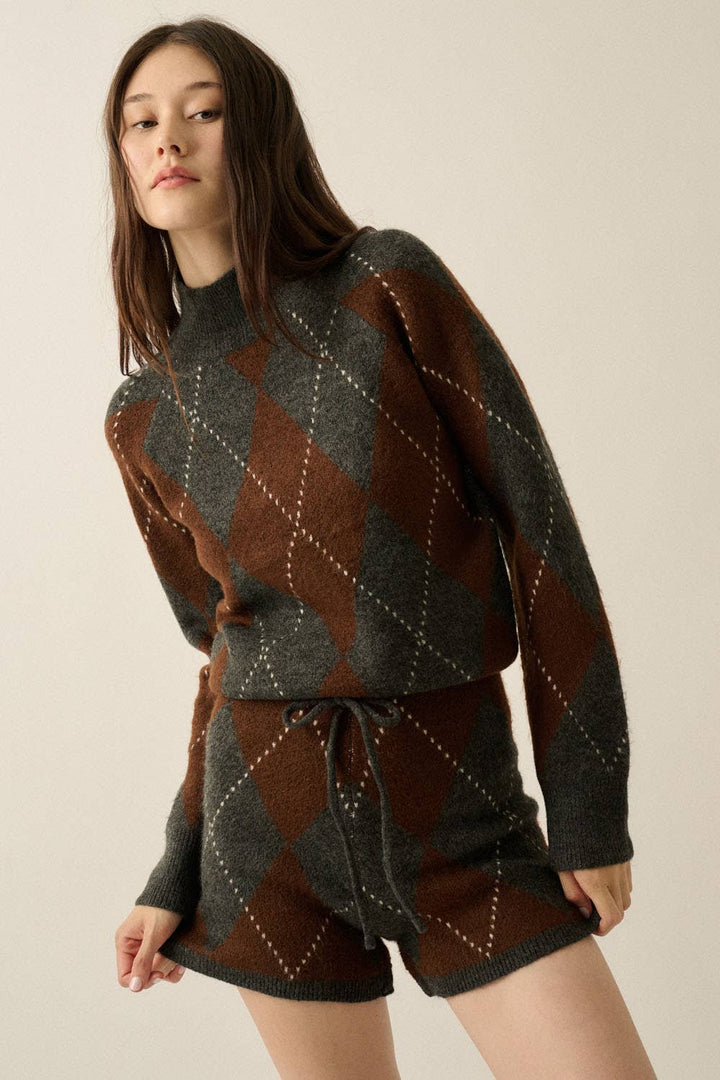 Argyle Jacquard Drawstring Sweater Romper