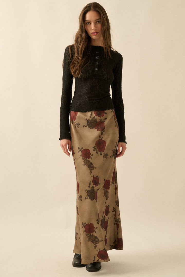 Floral-Print Satin  Maxi Skirt