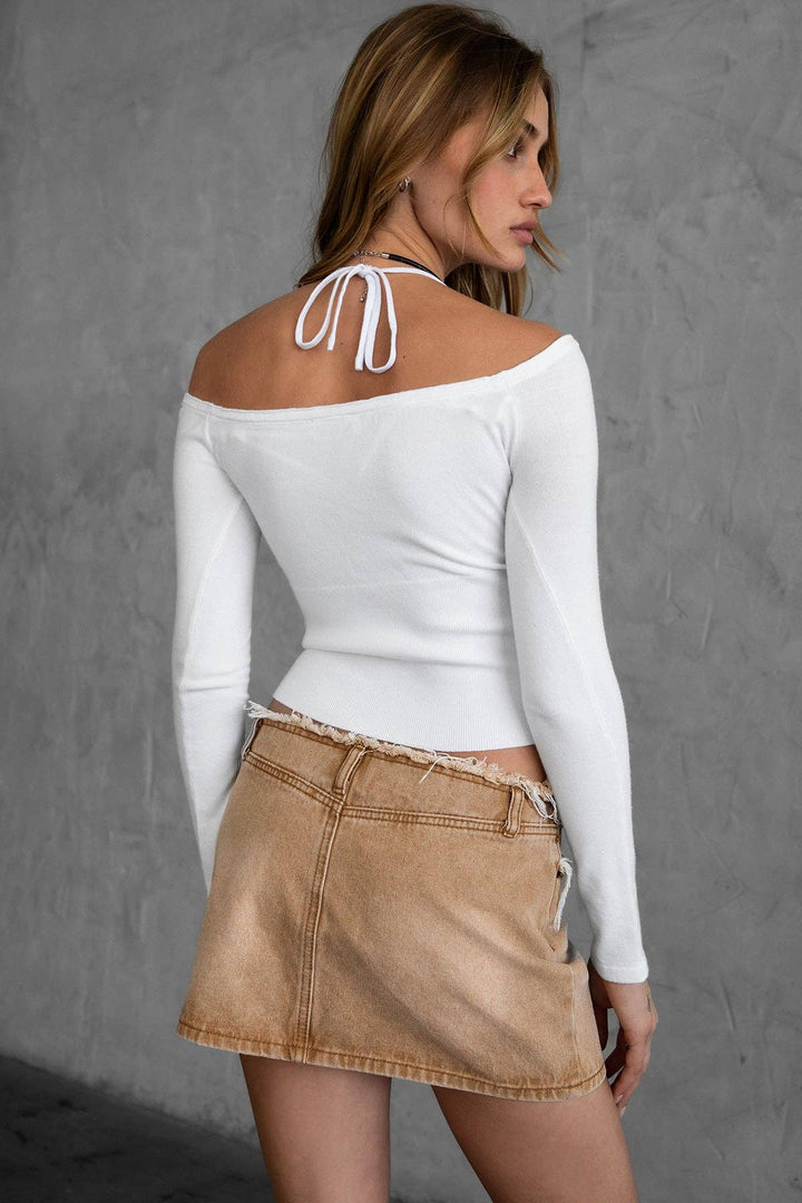 Knit Long Sleeve Top With Halter Detail