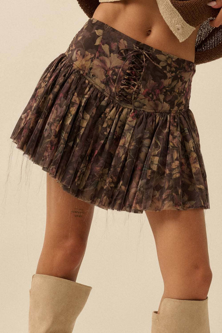 Lace-Up Pleated Floral Mini Skort