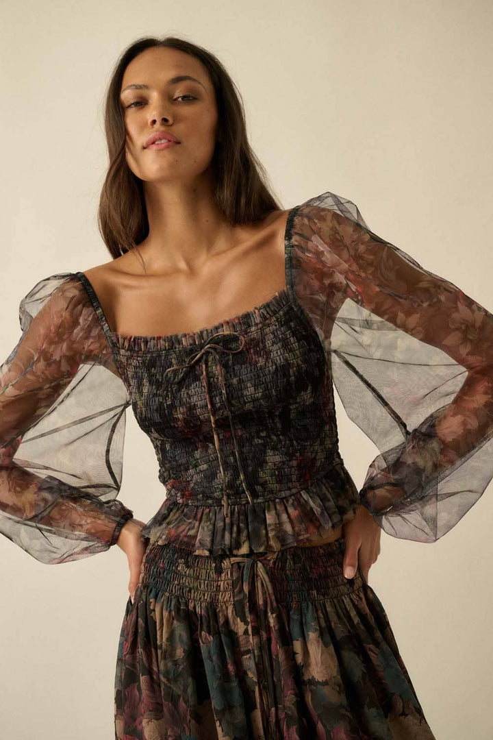 Layered Floral-Print Tulle Top