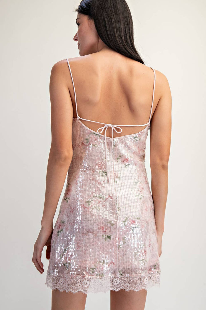 Floral Sequin Lace-Hem Mini Dress