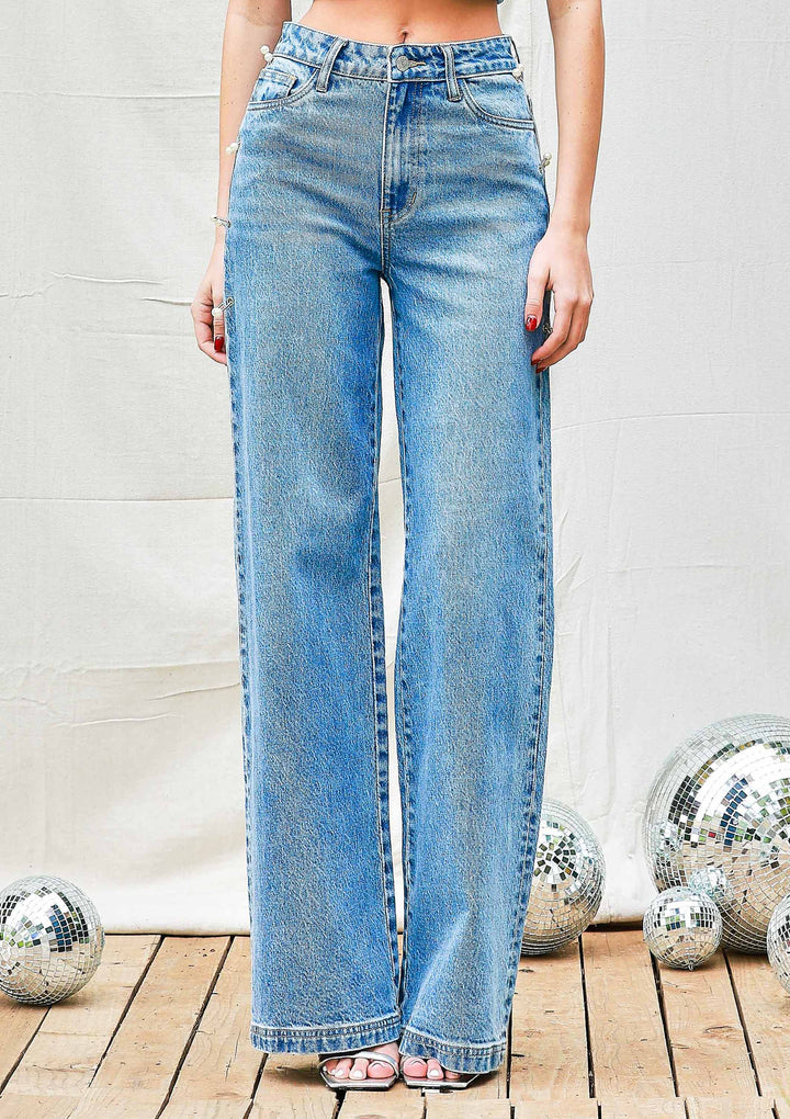 Pearl Ring Detail Straight Leg Jeans