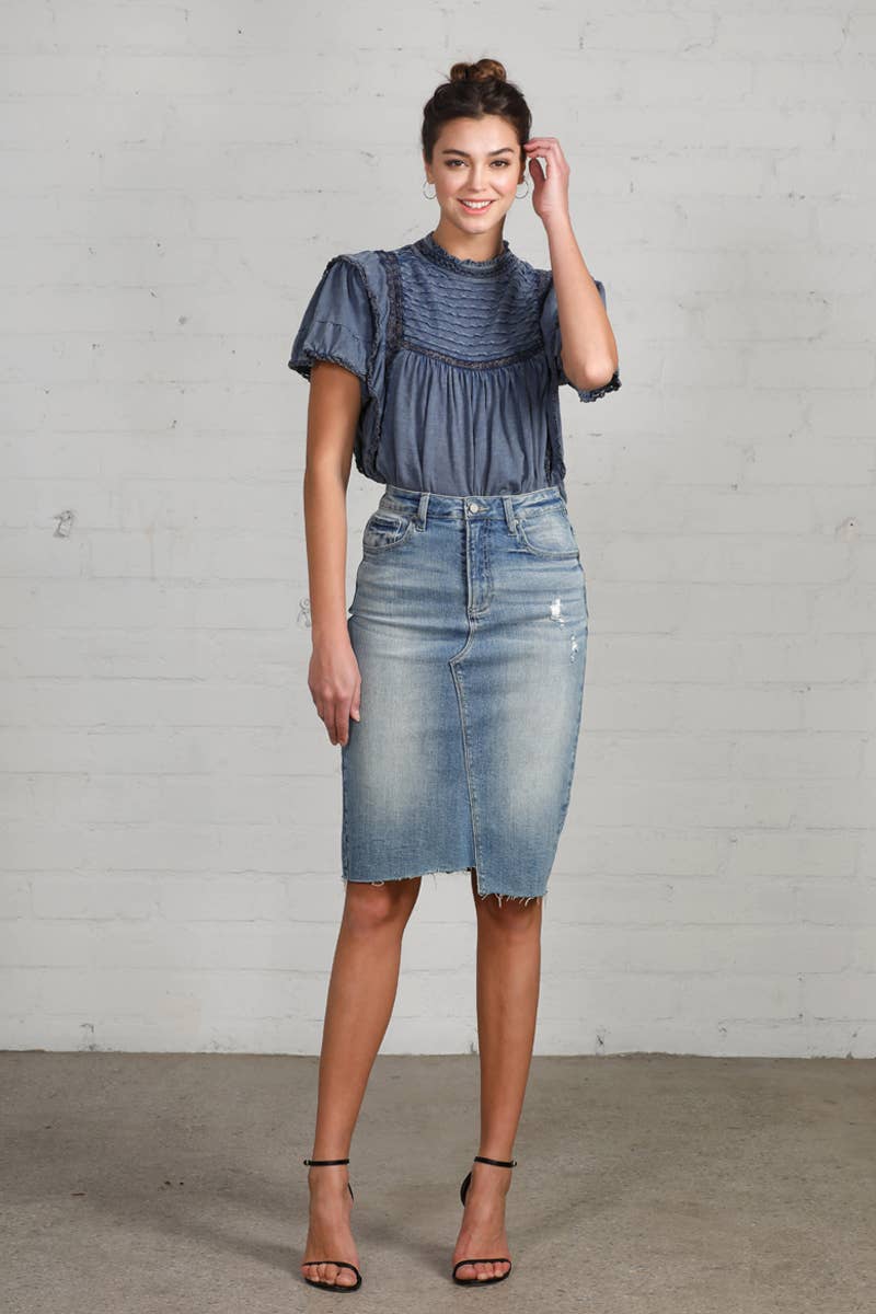 Raw Hem Knee Length Denim Skirt