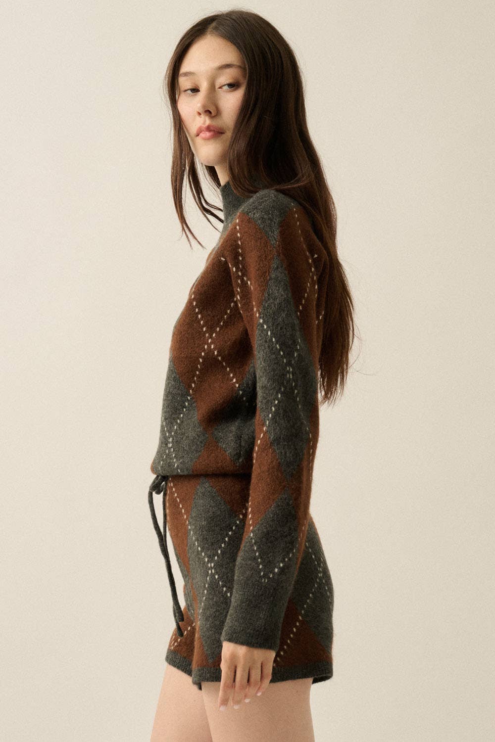 Argyle Jacquard Drawstring Sweater Romper
