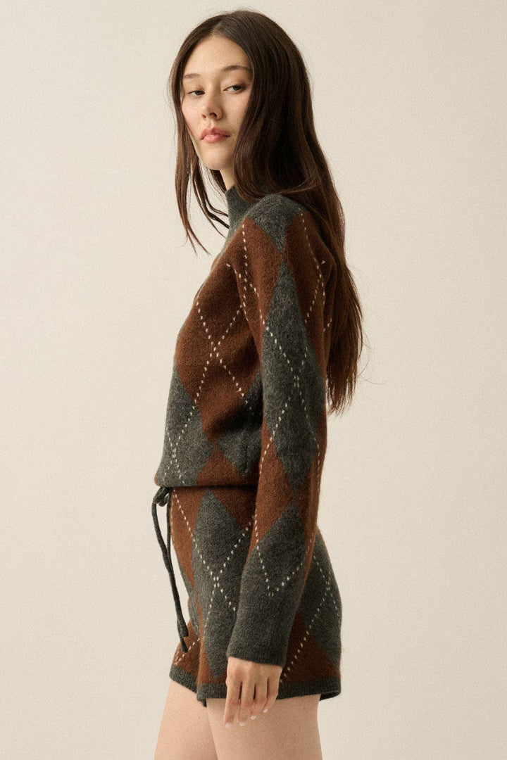 Argyle Jacquard Drawstring Sweater Romper