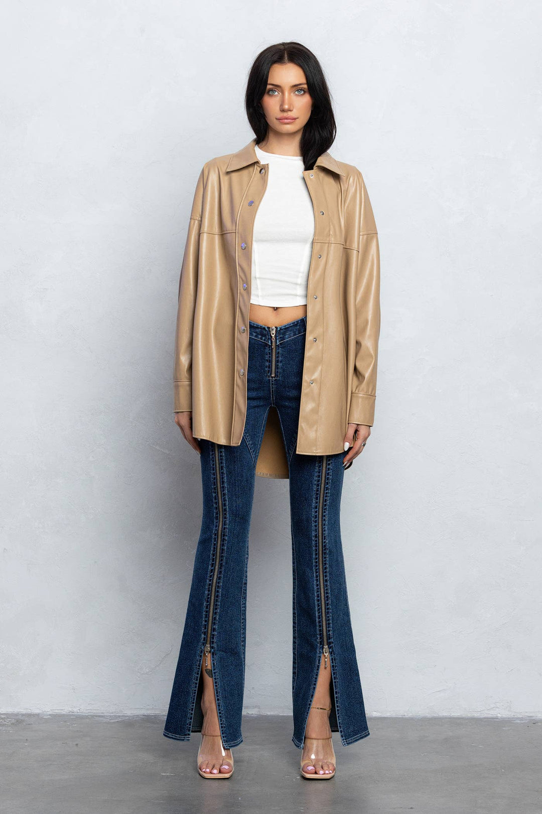 Faux leather fringe detail shacket