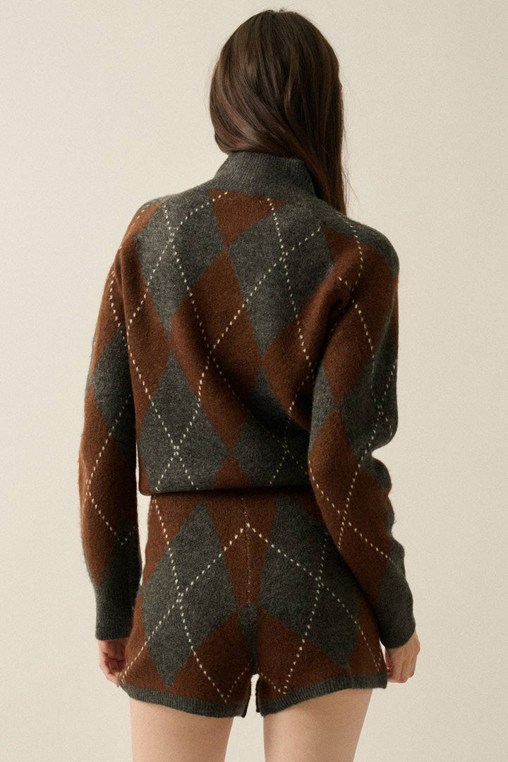 Argyle Jacquard Drawstring Sweater Romper
