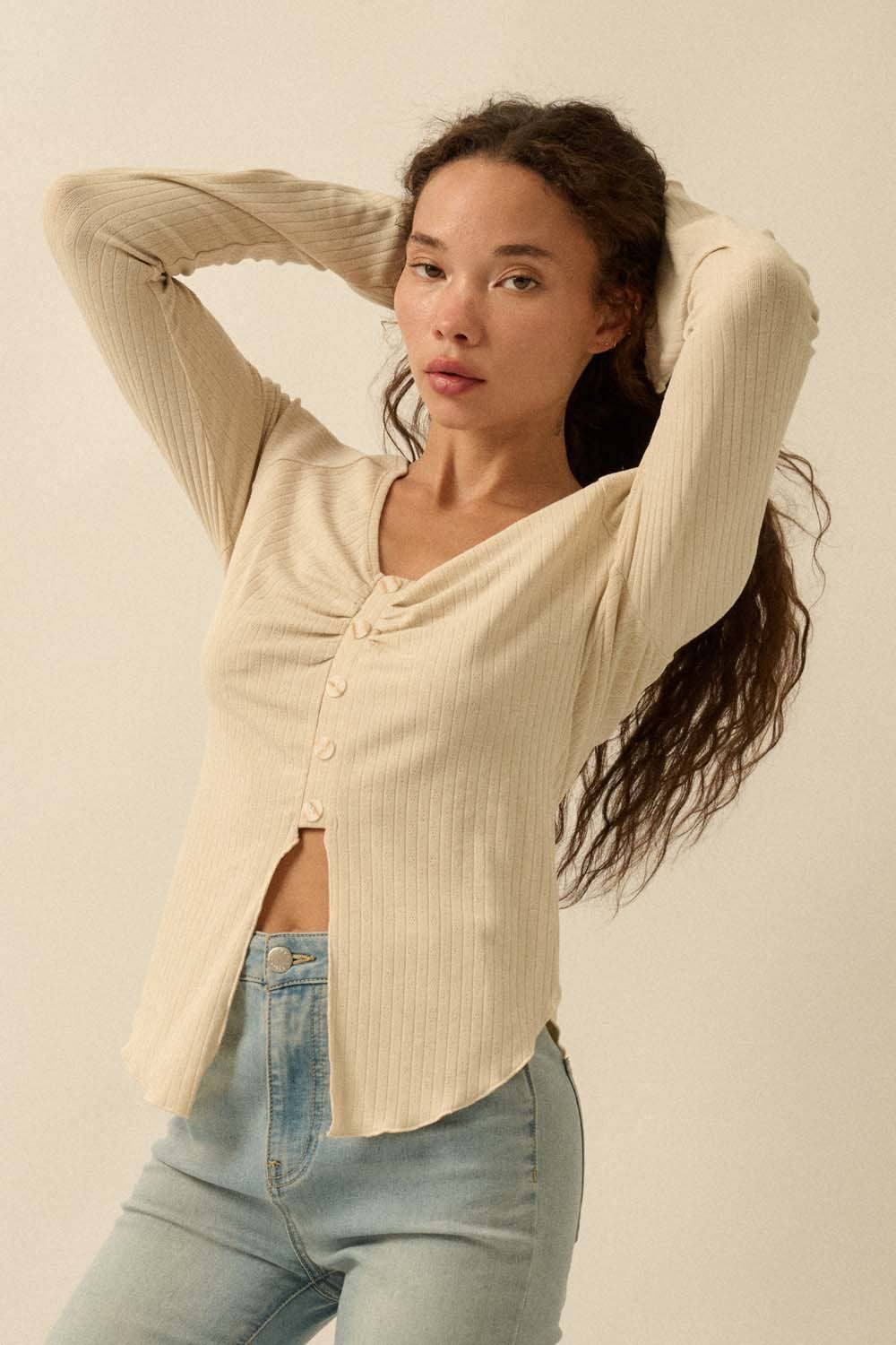Solid V-Neck Fitted Ribbed Knit Top