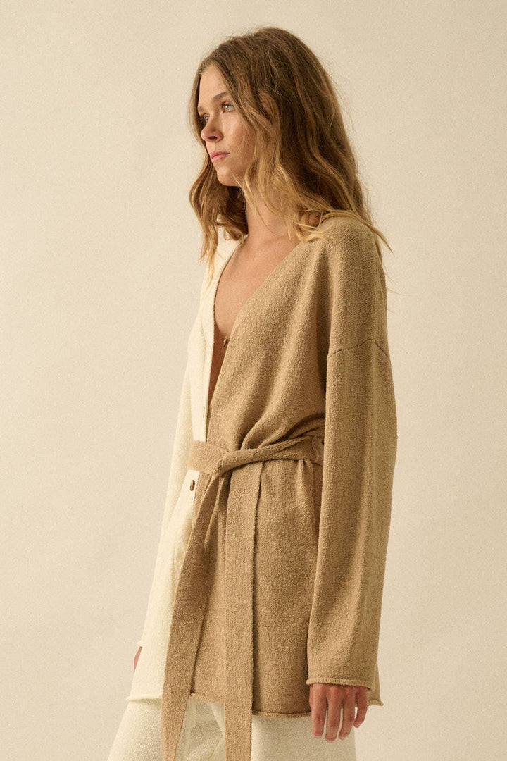 Textured Knit Colorblock Belted Cardigan
