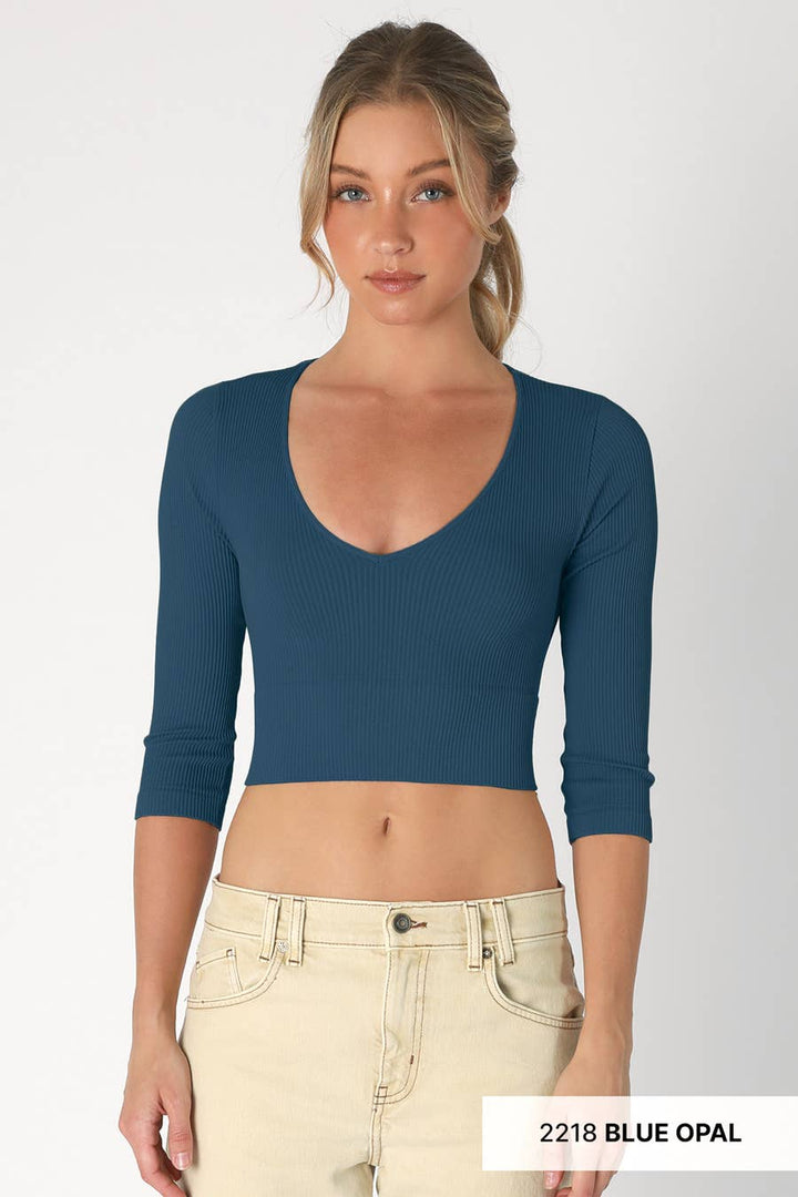 Ribbed 3/4 Sleeve V Neck Crop Top