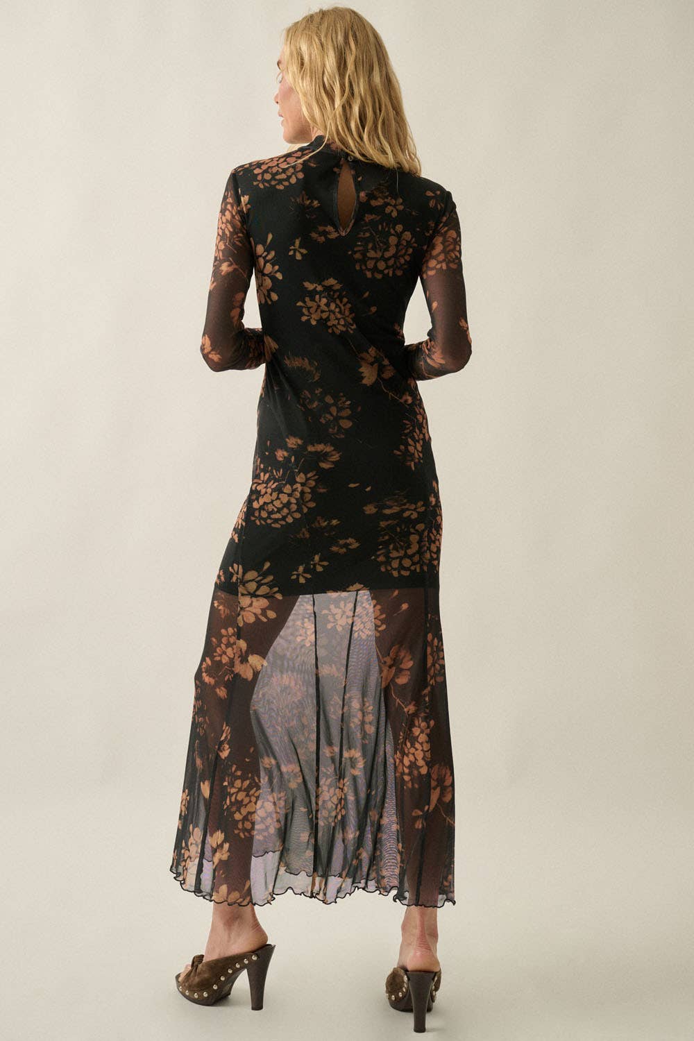 Floral Mesh Mock-Neck Long-Sleeve Maxi Dress