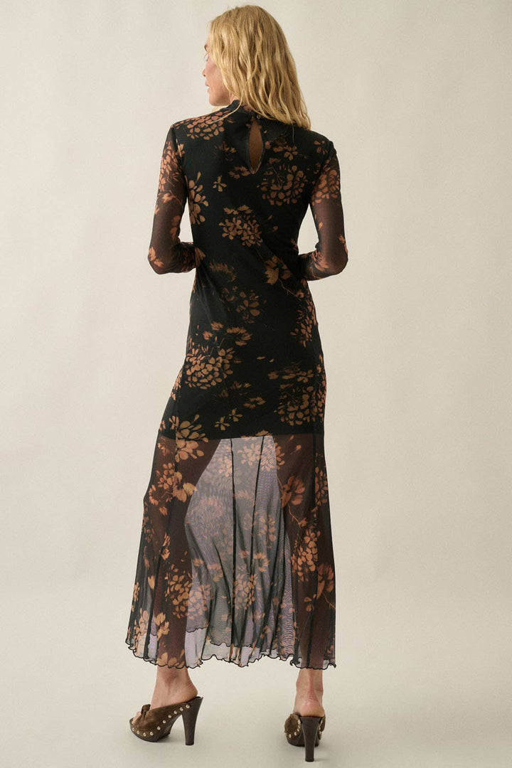 Floral Mesh Mock-Neck Long-Sleeve Maxi Dress