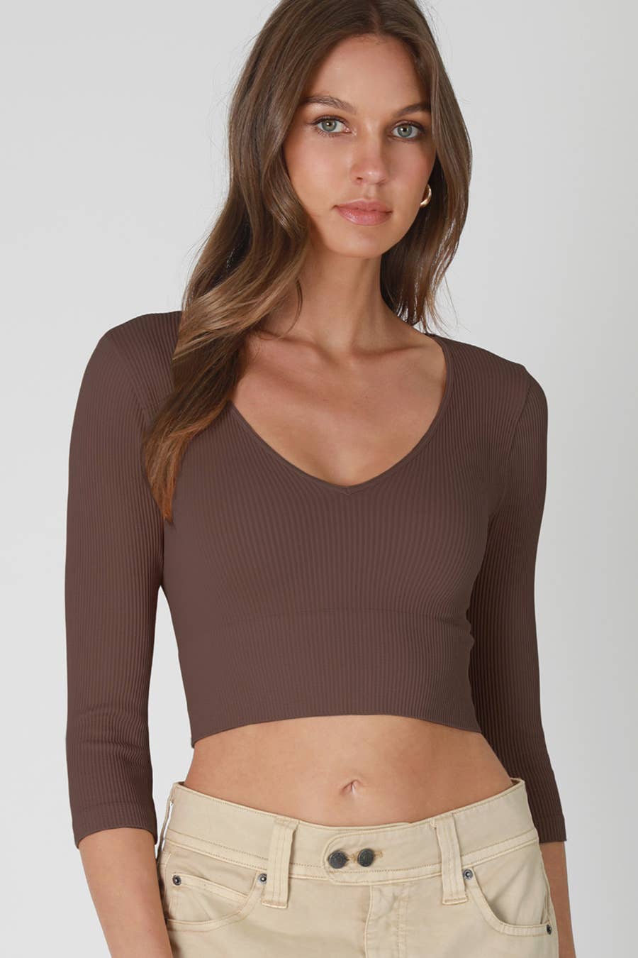 Ribbed 3/4 Sleeve V Neck Crop Top