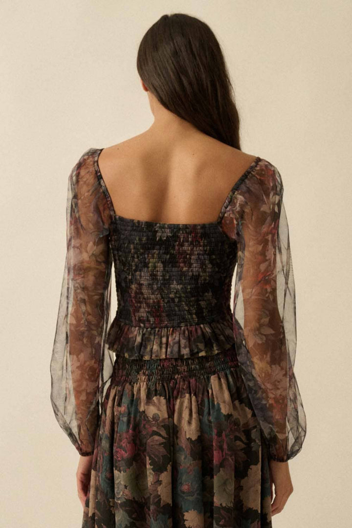 Layered Floral-Print Tulle Top