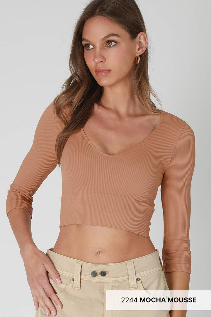 Ribbed 3/4 Sleeve V Neck Crop Top