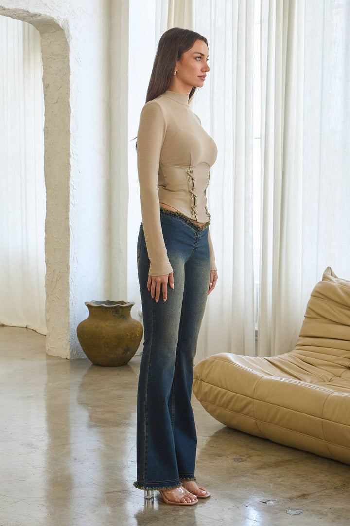 Mock Neck Top with Contrast Tie Bodice