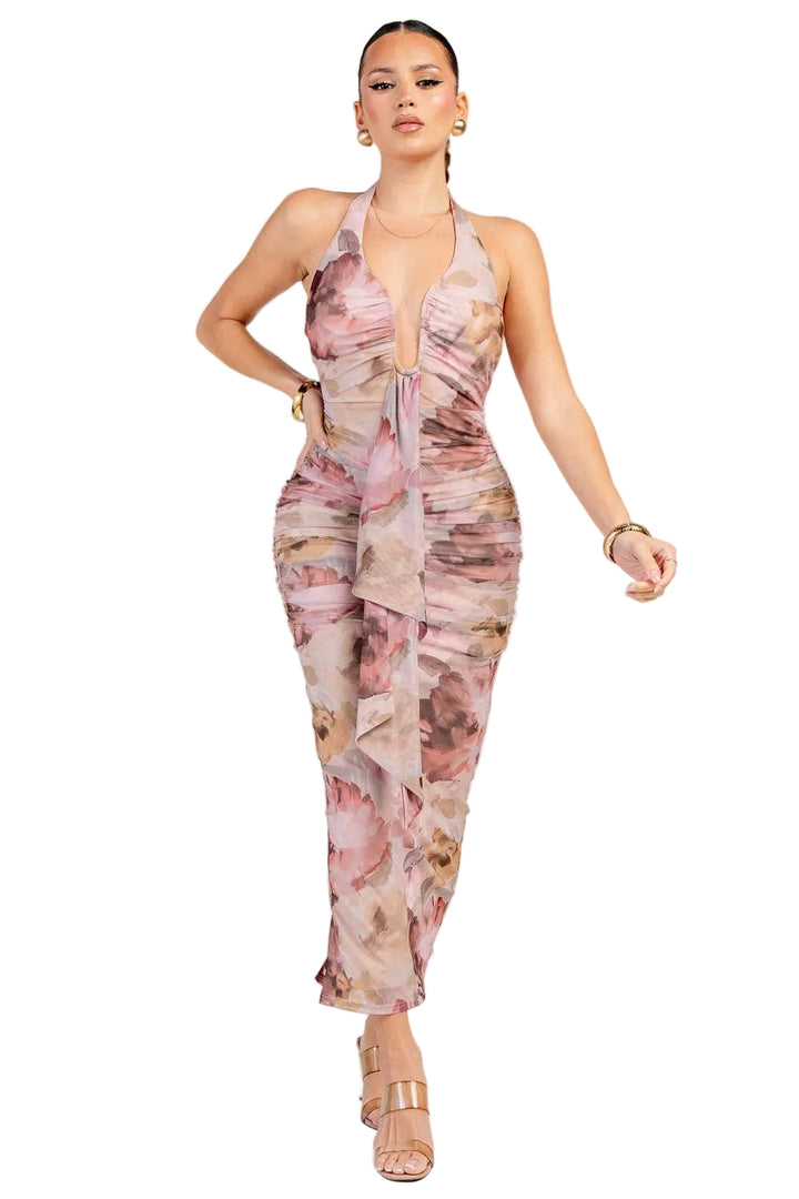 Floral Halter Mesh Maxi Dress