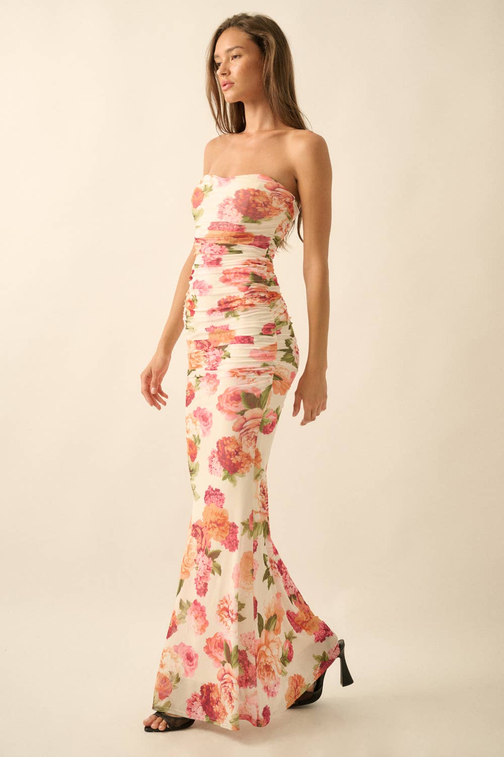 Rose Print Mesh Maxi Dress