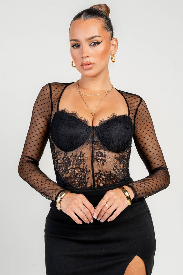 SEXY SWISS DOT LACE BODYSUIT