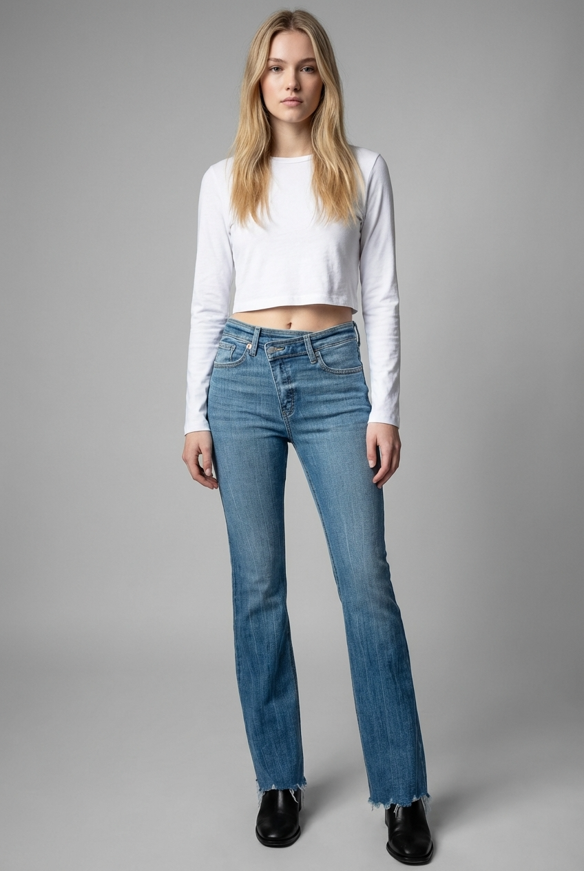 HIGH RISE CROSSOVER WAIST FLARE JEANS