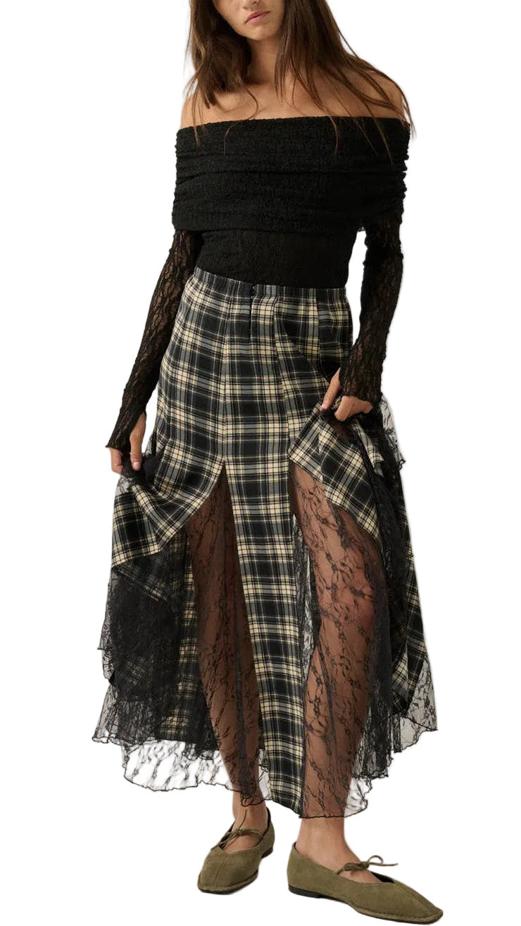 Plaid and Lace Godet Pleated A-Line Elastic Waist Maxi Skirt