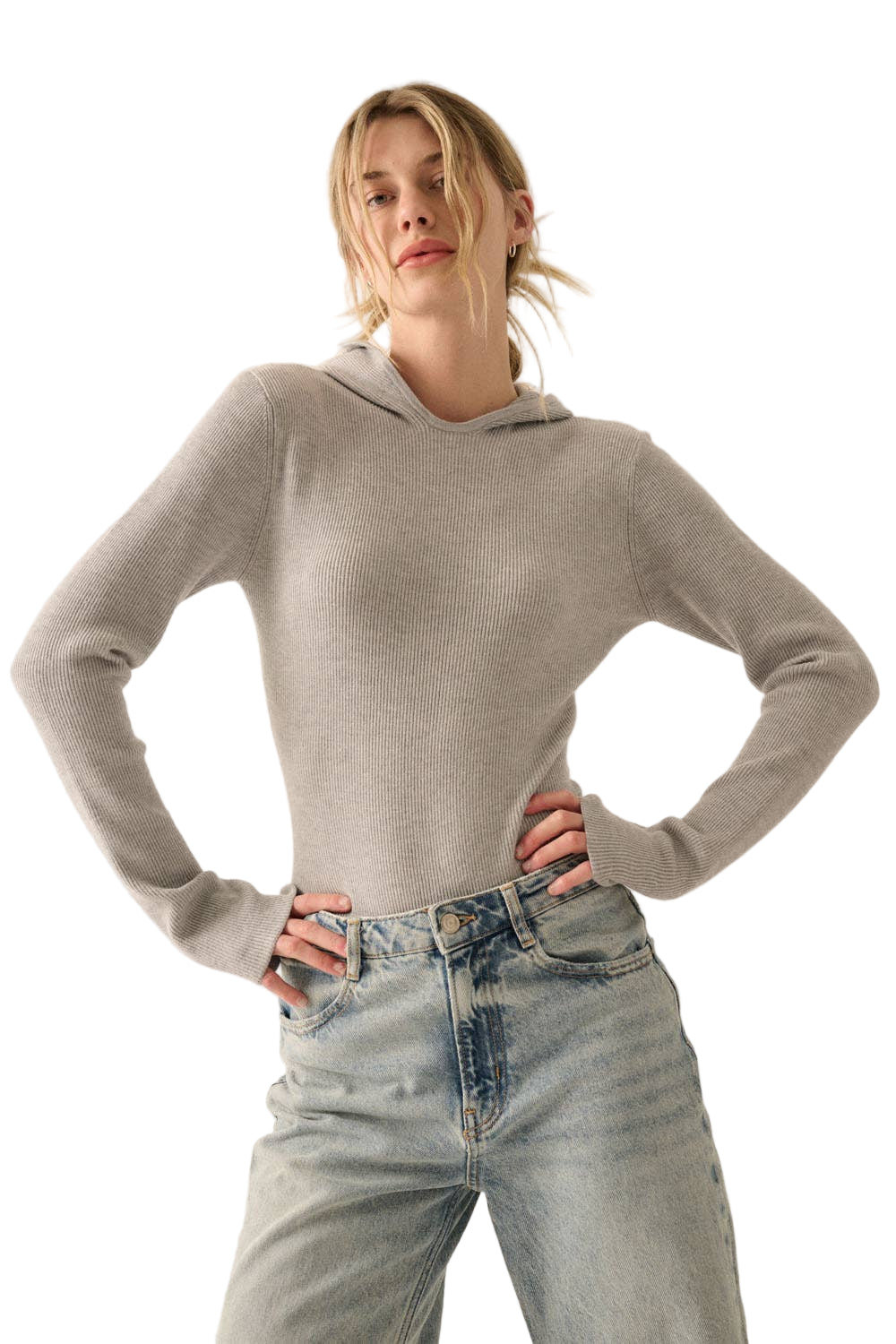Solid Ribbed Knit Hooded Bodysuit