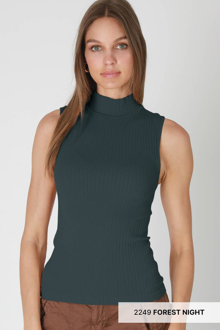 Wide Ribbed Mock Neck Sleeveless Top