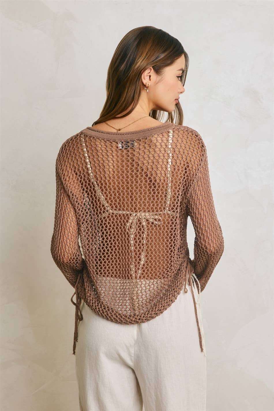 Ruched Side Long Sleeve Open Knitted Top