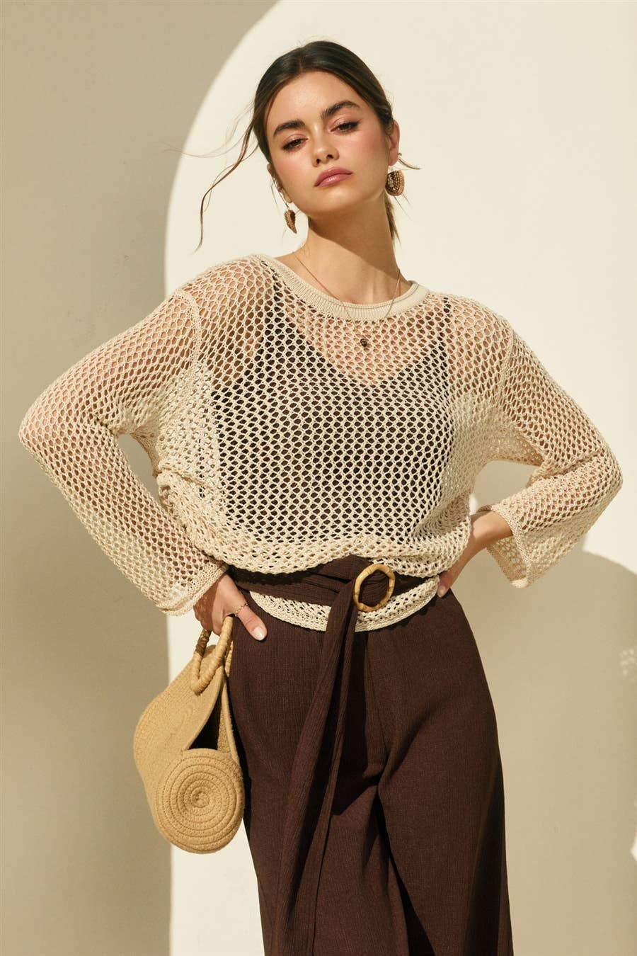 Ruched Side Long Sleeve Open Knitted Top