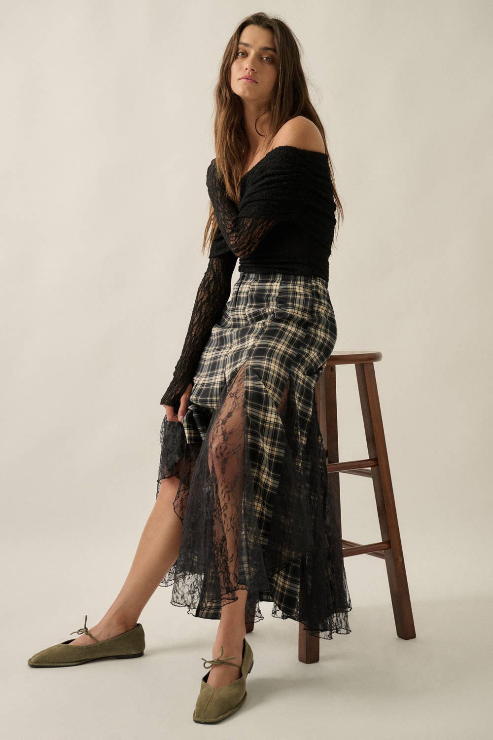 Plaid and Lace Godet Pleated A-Line Elastic Waist Maxi Skirt