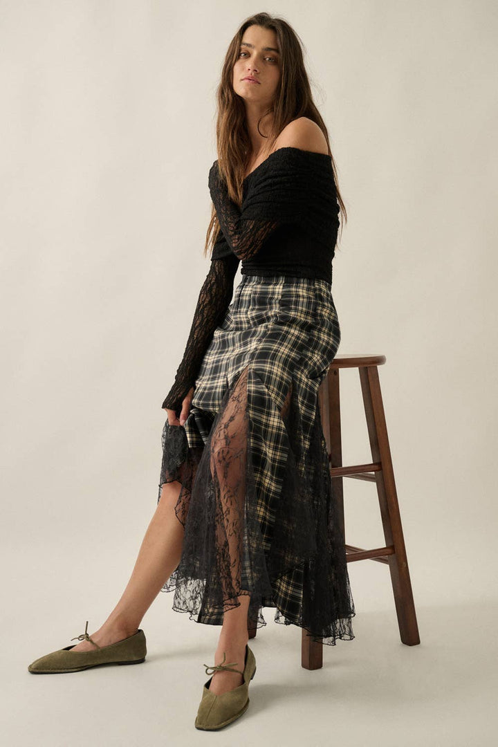 Plaid and Lace Godet Pleated A-Line Elastic Waist Maxi Skirt