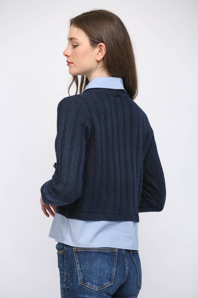 DENIM POCKET DETAIL TWOFER SWEATER