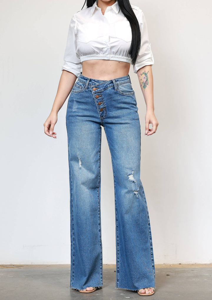 Cross Over  High Waisted Wide Leg Jeans